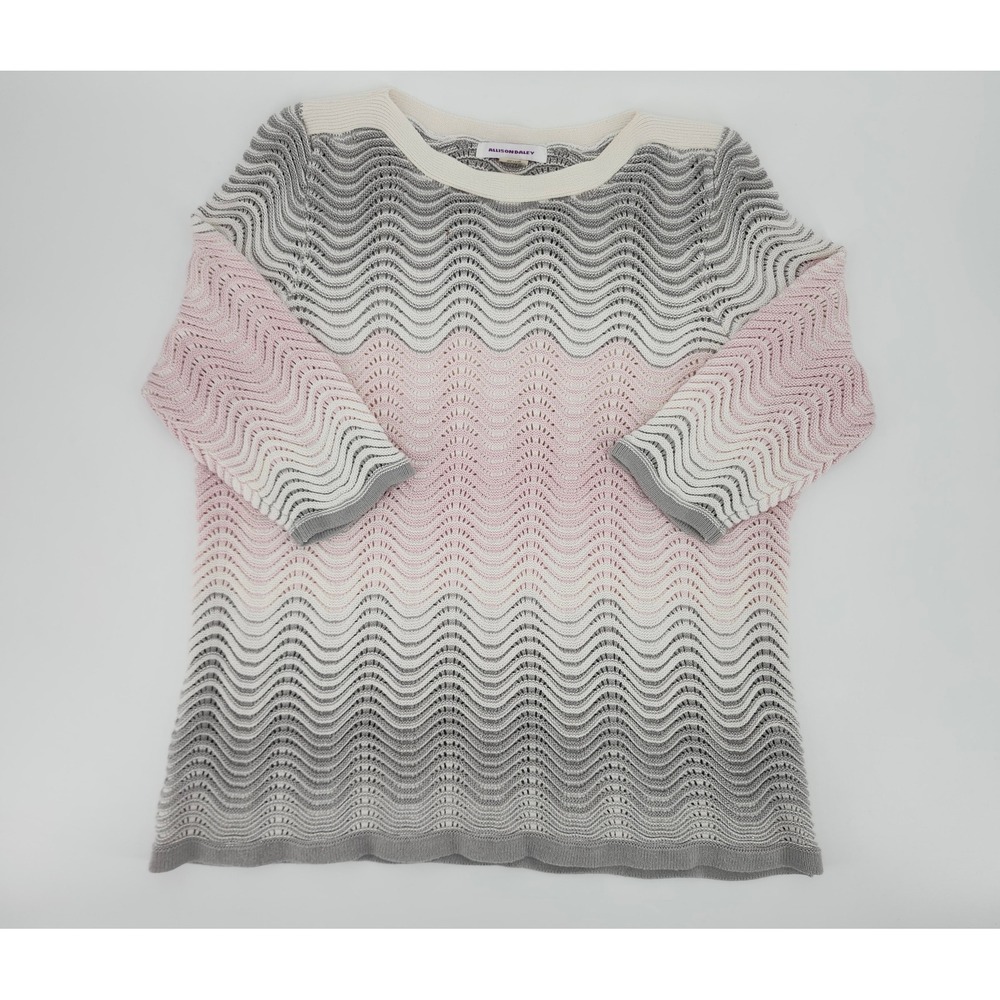 Allison Daley Women XL Pink Grey Ombre Wavy Pointelle Knit 3/4 Sleeve Sweater